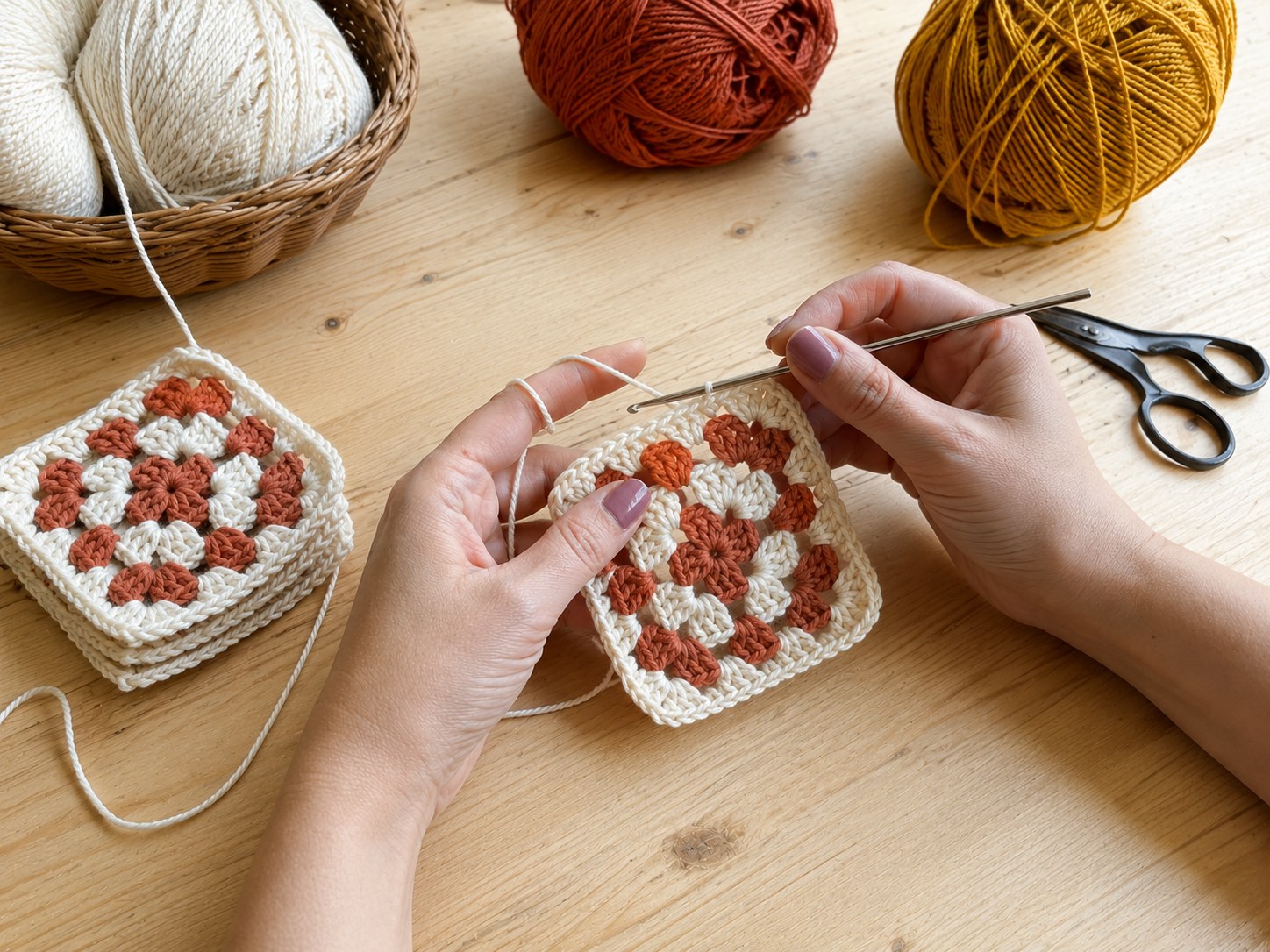 Hands crocheting a finished granny square motif beside a small stack