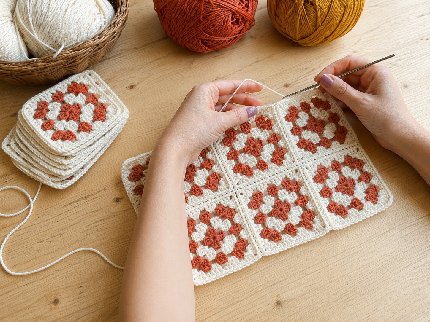 Hands joining granny squares into a wide rectangular front panel