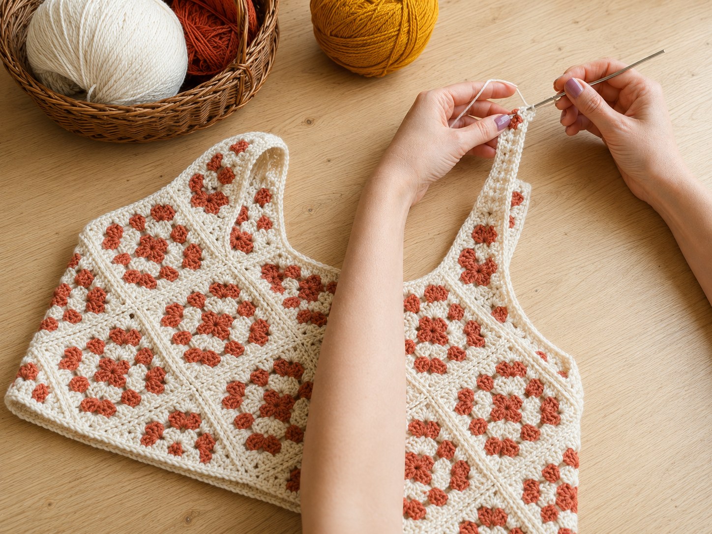 Hands crocheting narrow straps connecting the front and back panels