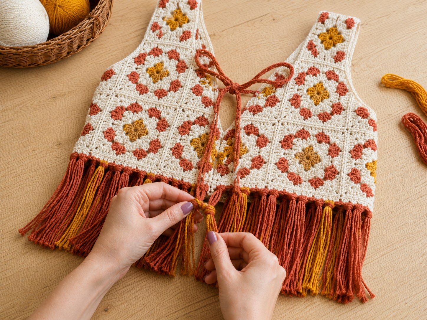 Hands knotting fringe along the hem of the crochet crop top