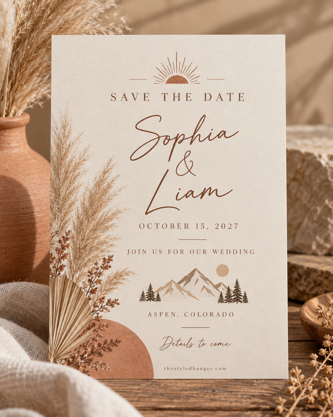 Boho mountain wedding announcement card
