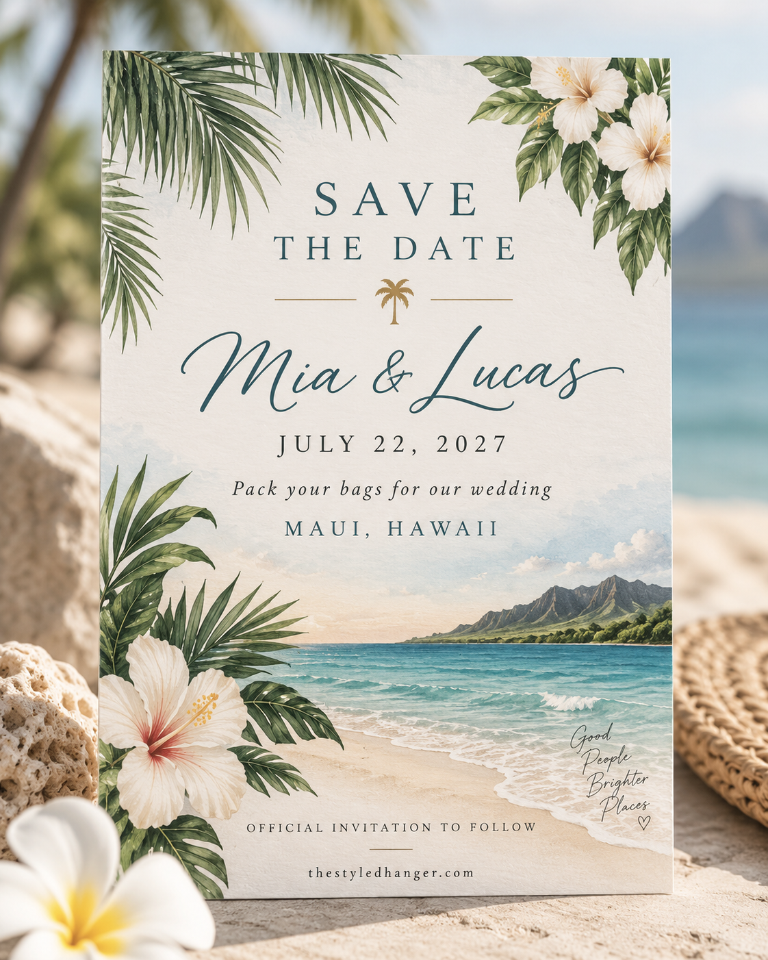 Tropical beach wedding save date design