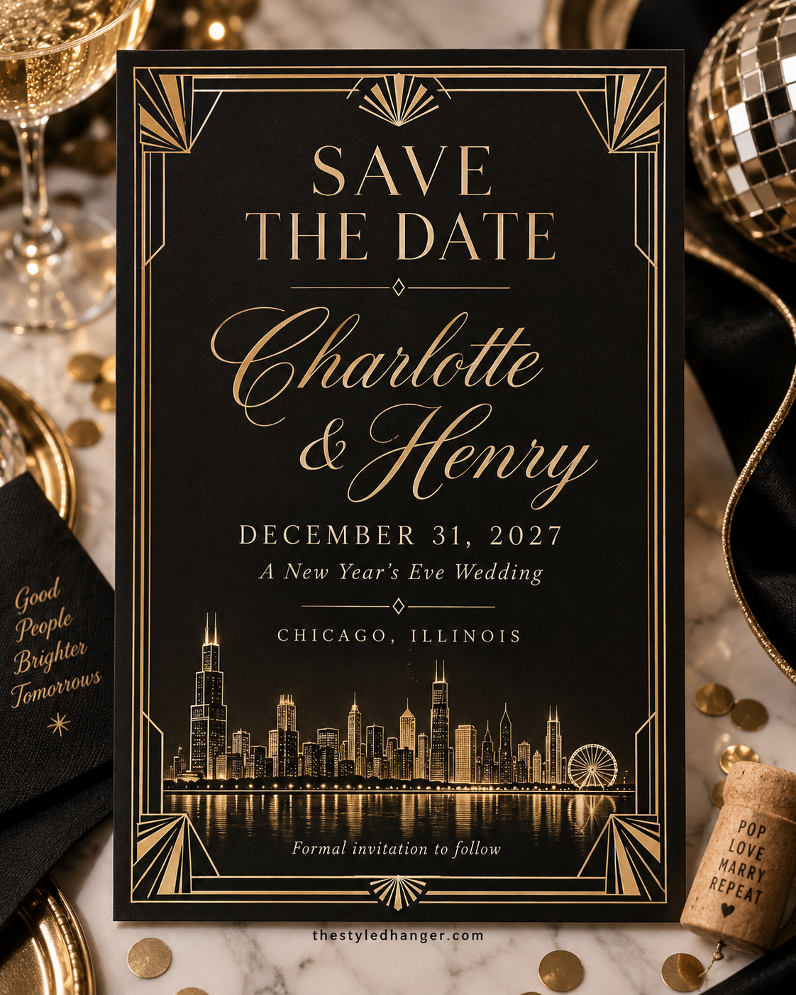 Elegant black gold save date card