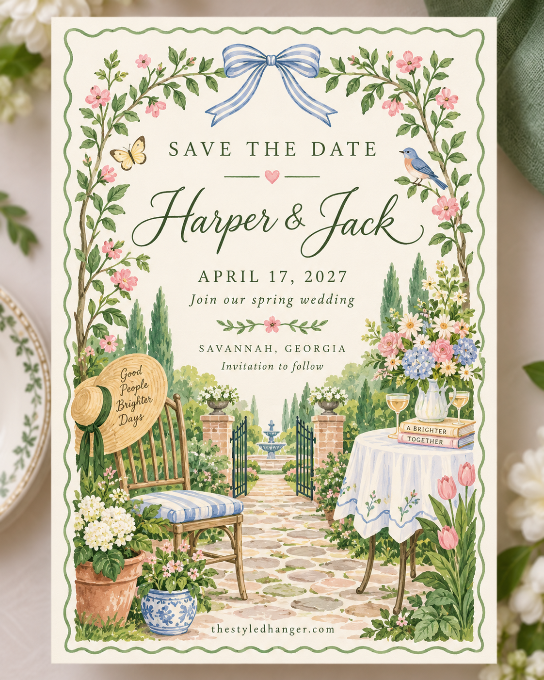 Illustrated garden party save date card