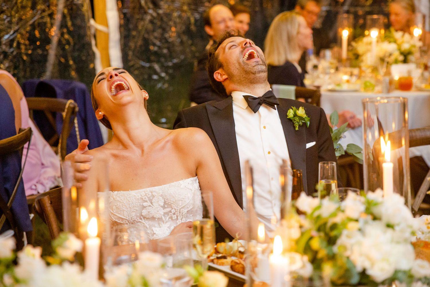 Bride and groom enjoying a playful romantic wedding reading