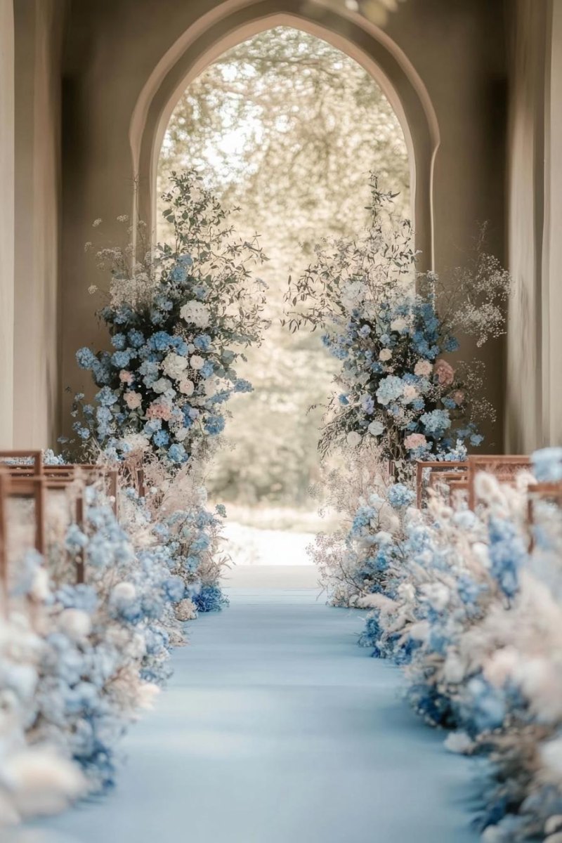 Baby blue flowers wedding aisle decor