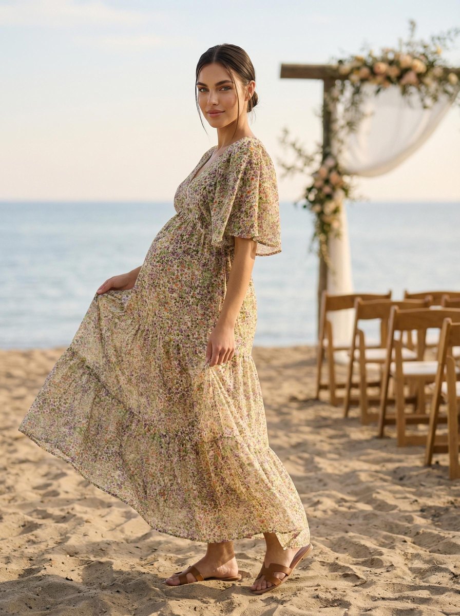 Pregnant guest beach wedding outfit