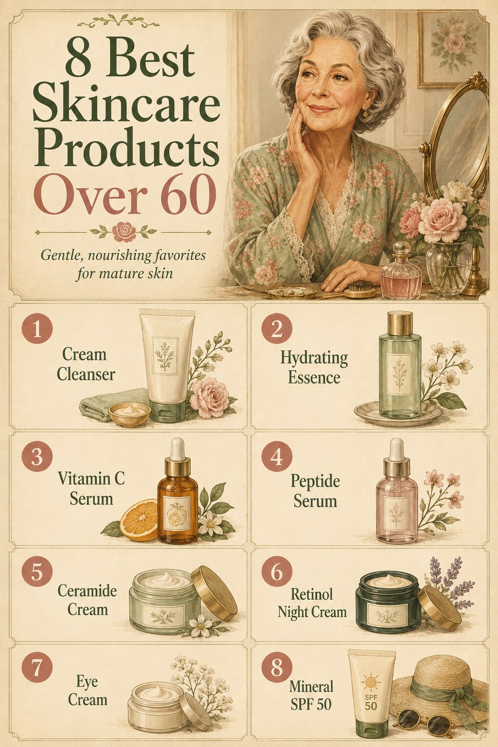 Illustrated guide to the 8 best skincare products over 60 with gentle, nourishing favorites shown