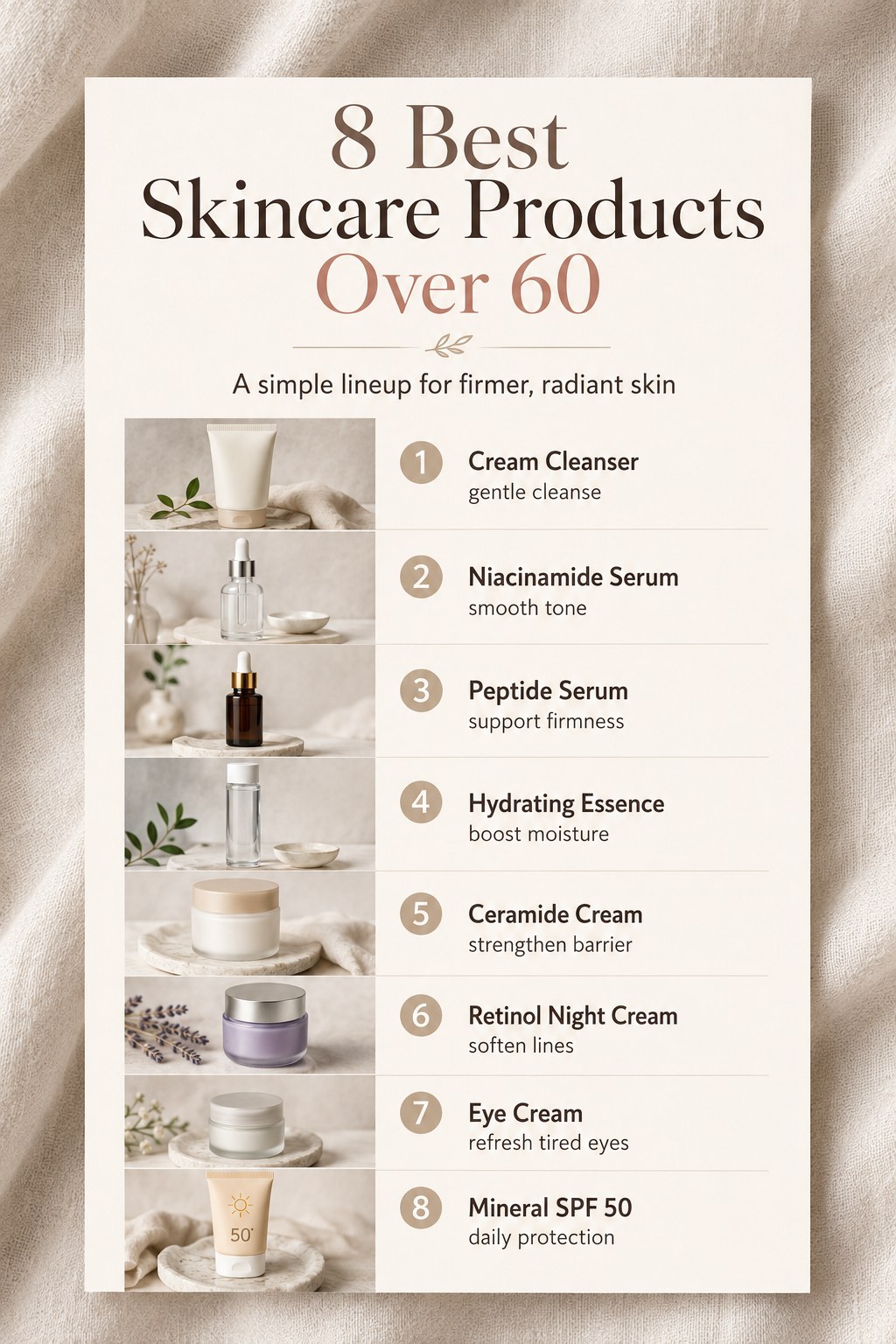 Numbered infographic listing the 8 best skincare products over 60, cleanser through mineral SPF