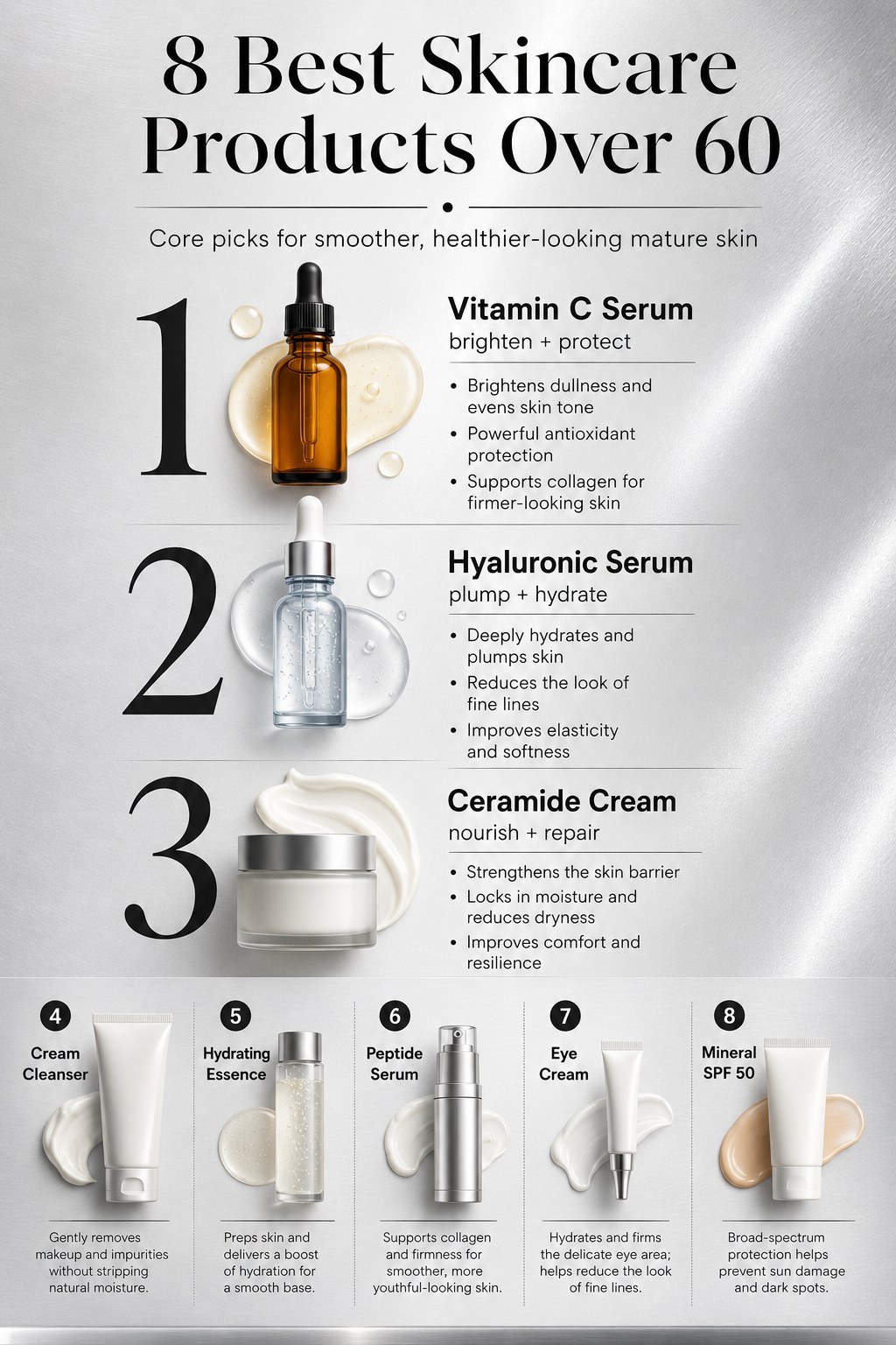 Ranked infographic of core skincare products over 60 led by vitamin C, hyaluronic, and ceramide