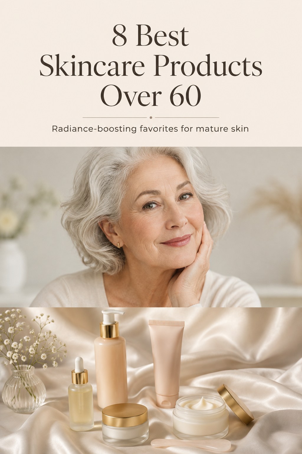 Mature woman beside a flat lay of radiance-boosting skincare products over 60 on satin fabric