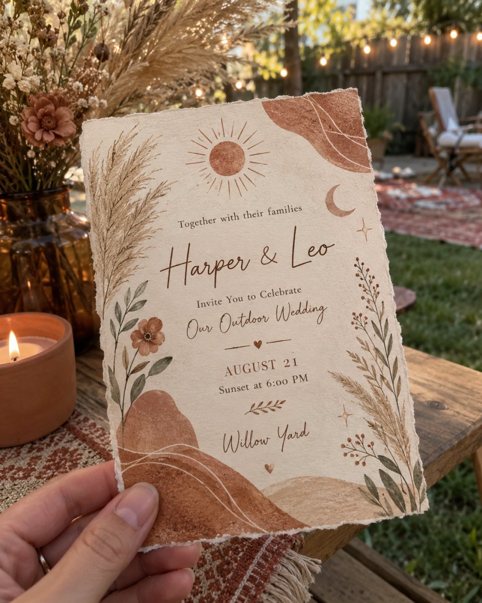 Bohemian outdoor wedding invitation