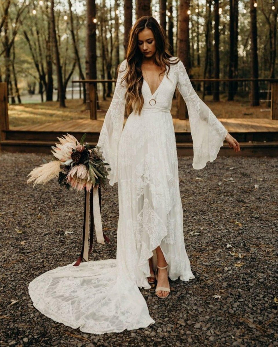 Boho bride wearing lace dress