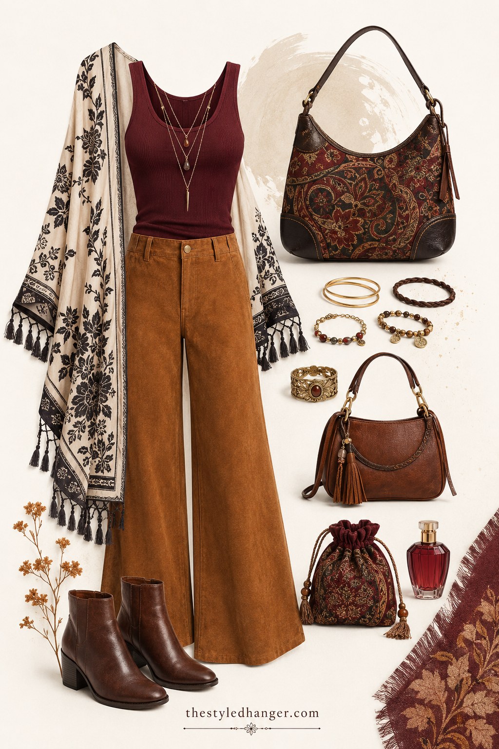 Boho spring outfit idea featuring camel corduroy pants and a fringed printed kimono