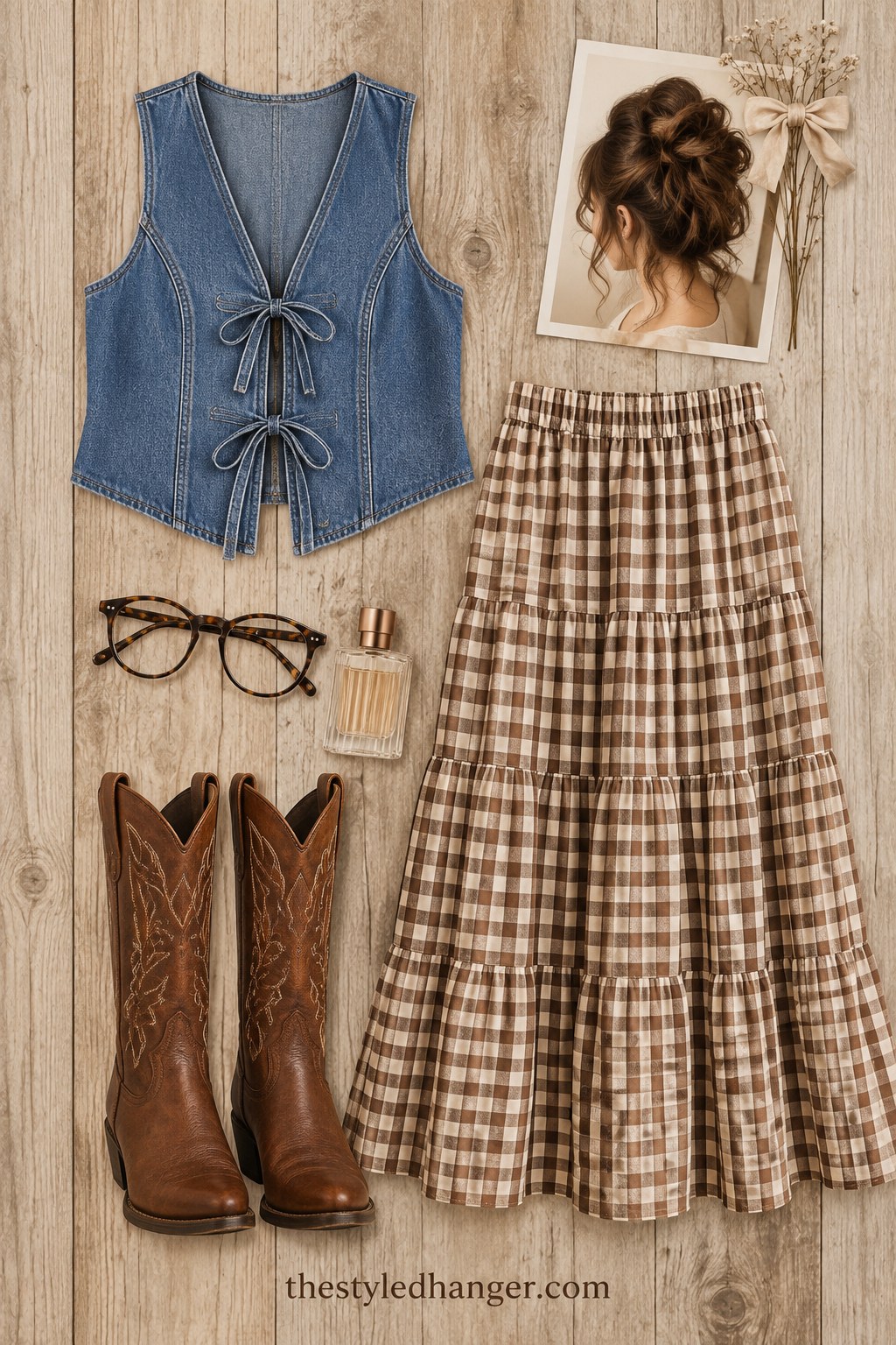 Boho spring outfit idea pairing a denim corset vest with a gingham tiered midi skirt