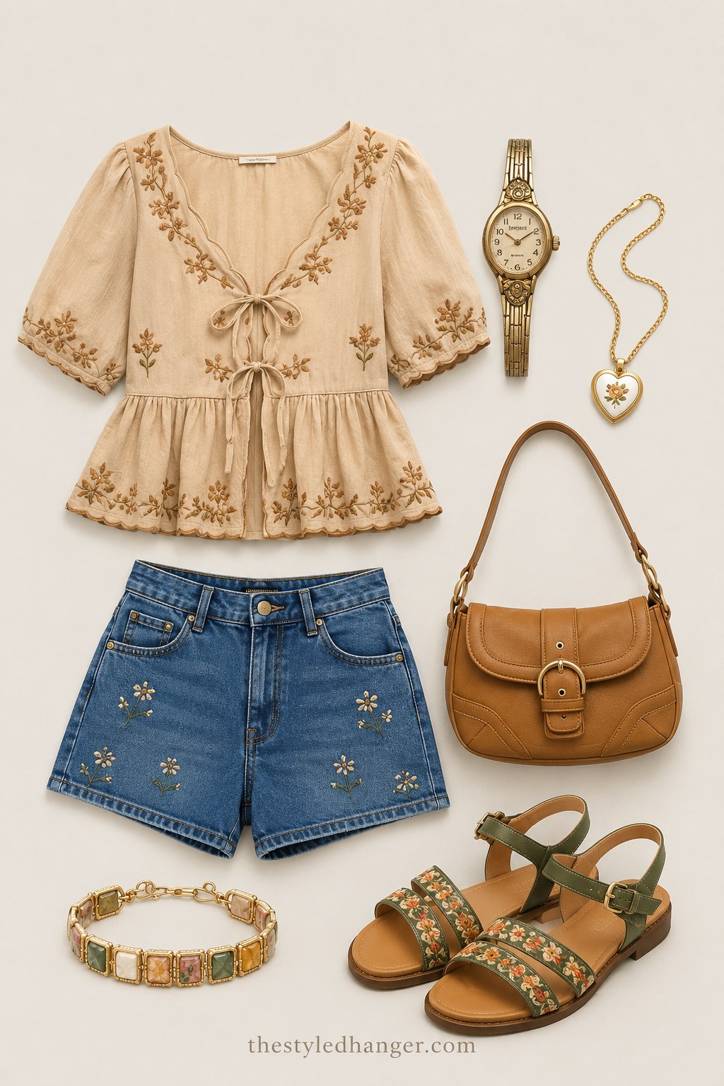 Boho spring outfit idea with an embroidered peasant blouse and floral denim shorts