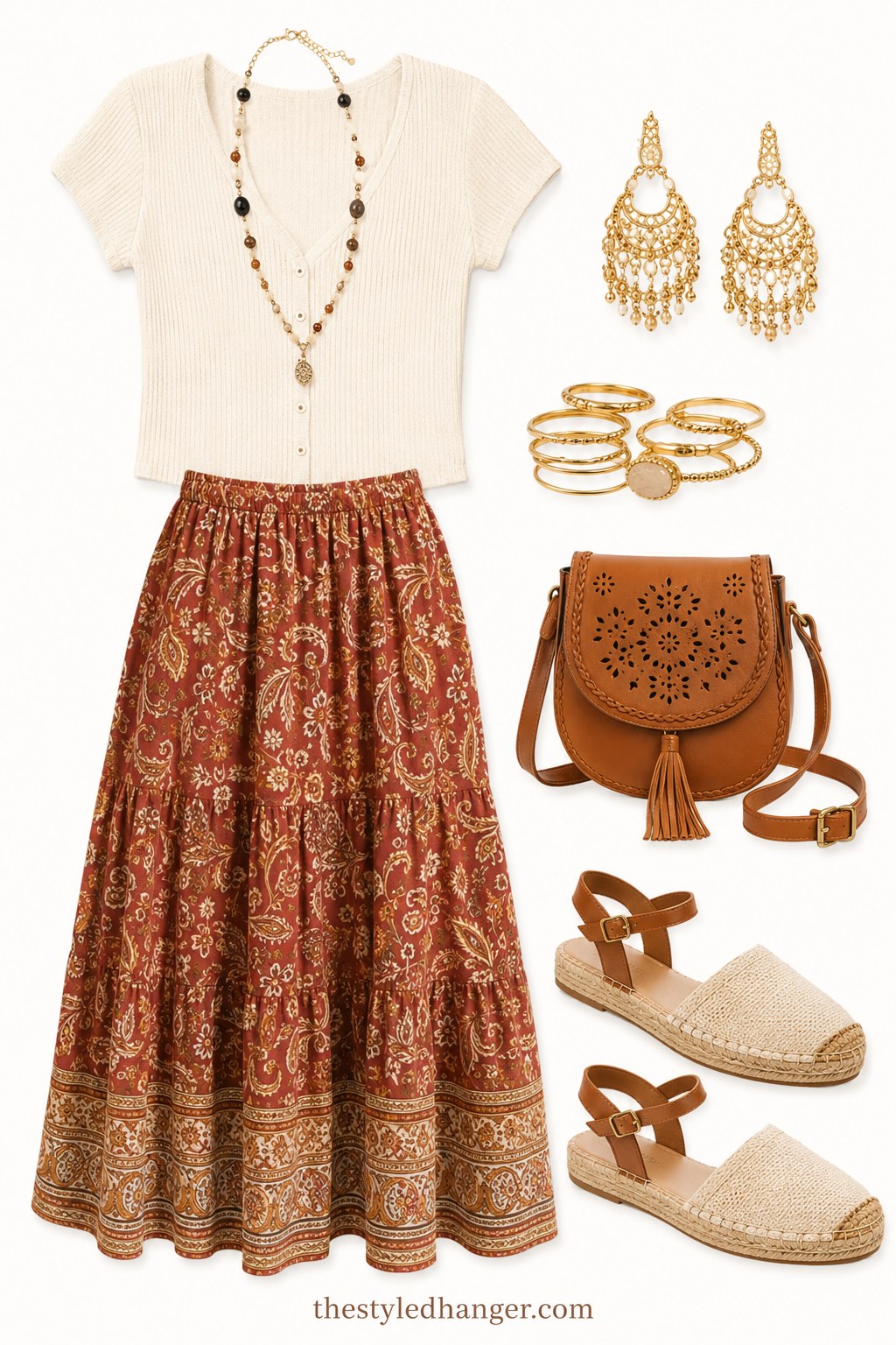 Boho spring outfit idea with a rust paisley tiered maxi skirt and woven espadrilles