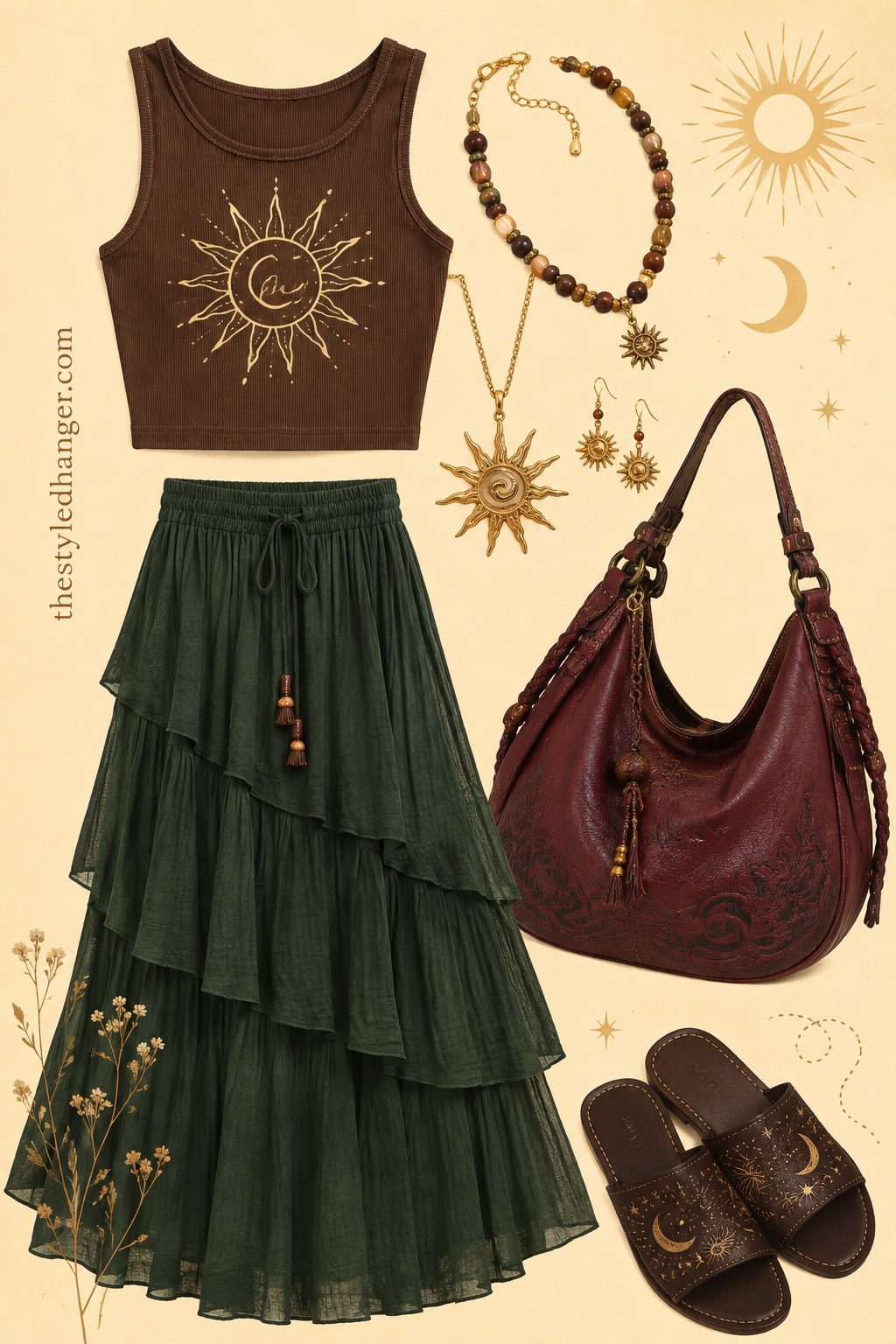 Boho spring outfit idea with a celestial graphic tank and tiered green maxi skirt