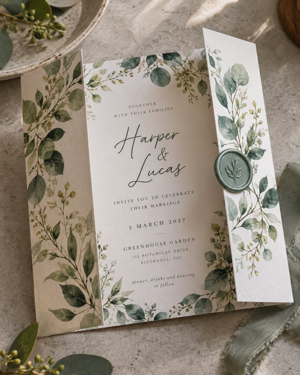 Botanical greenery gatefold wedding invite