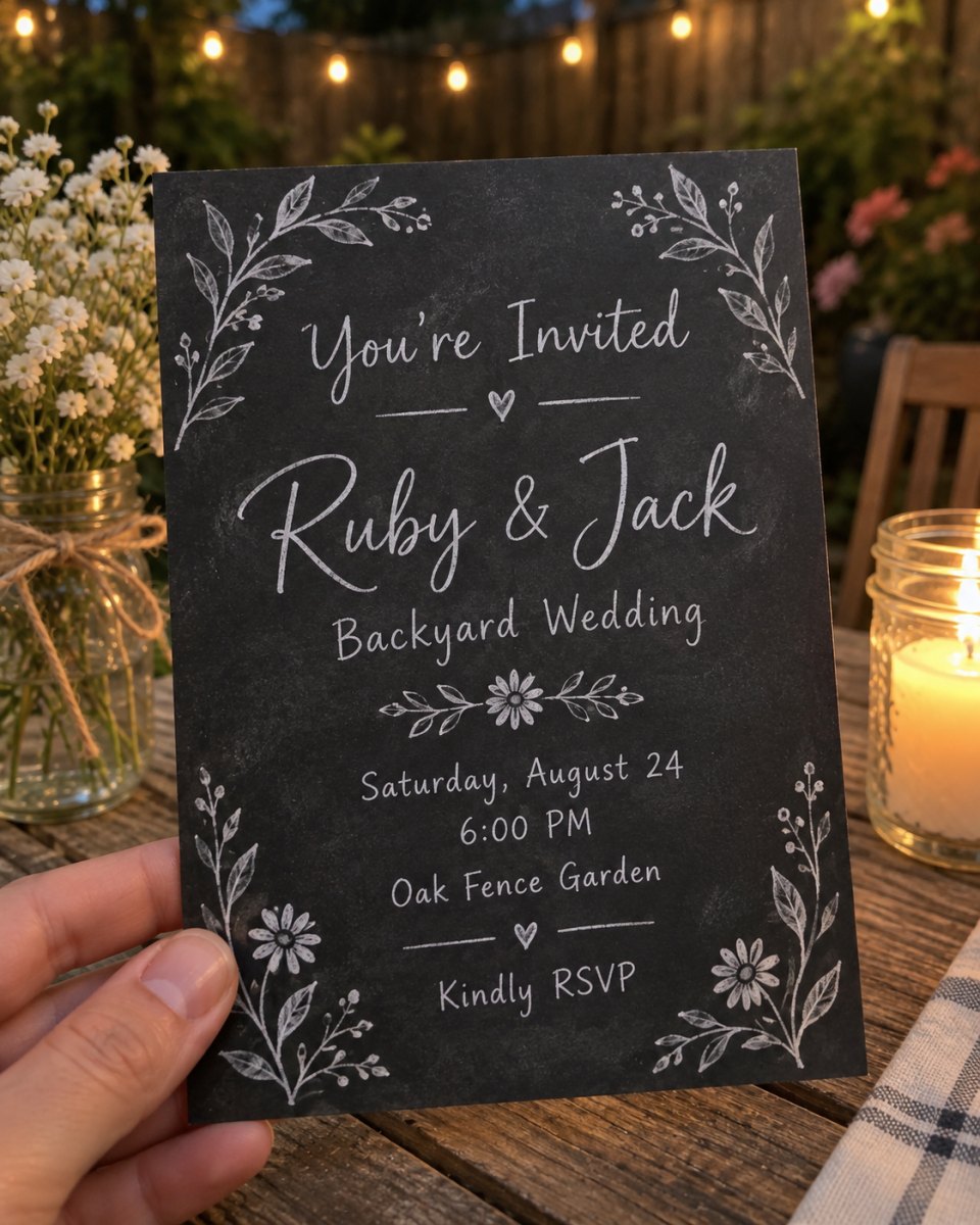 Chalkboard backyard wedding invitation