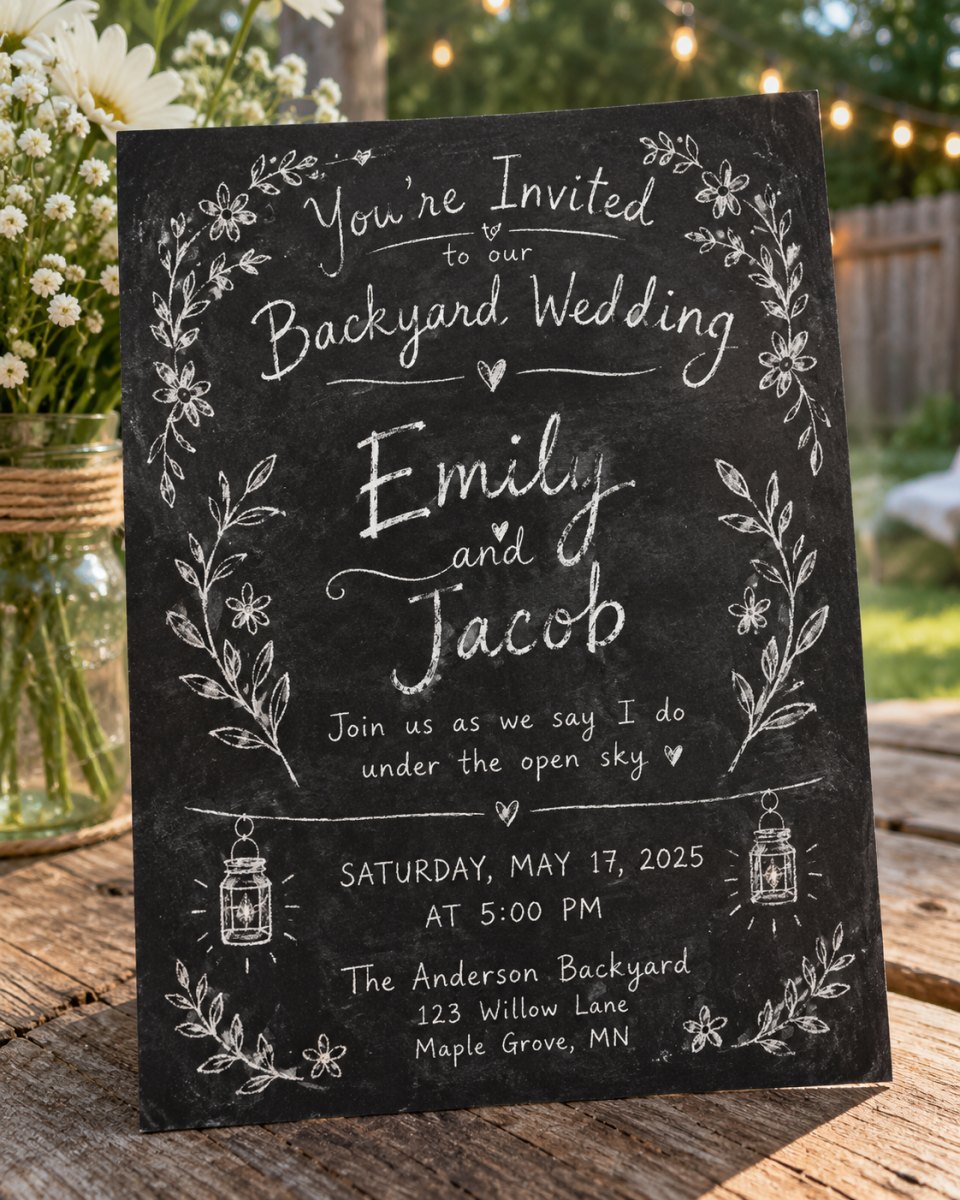 Chalkboard backyard wedding invitation