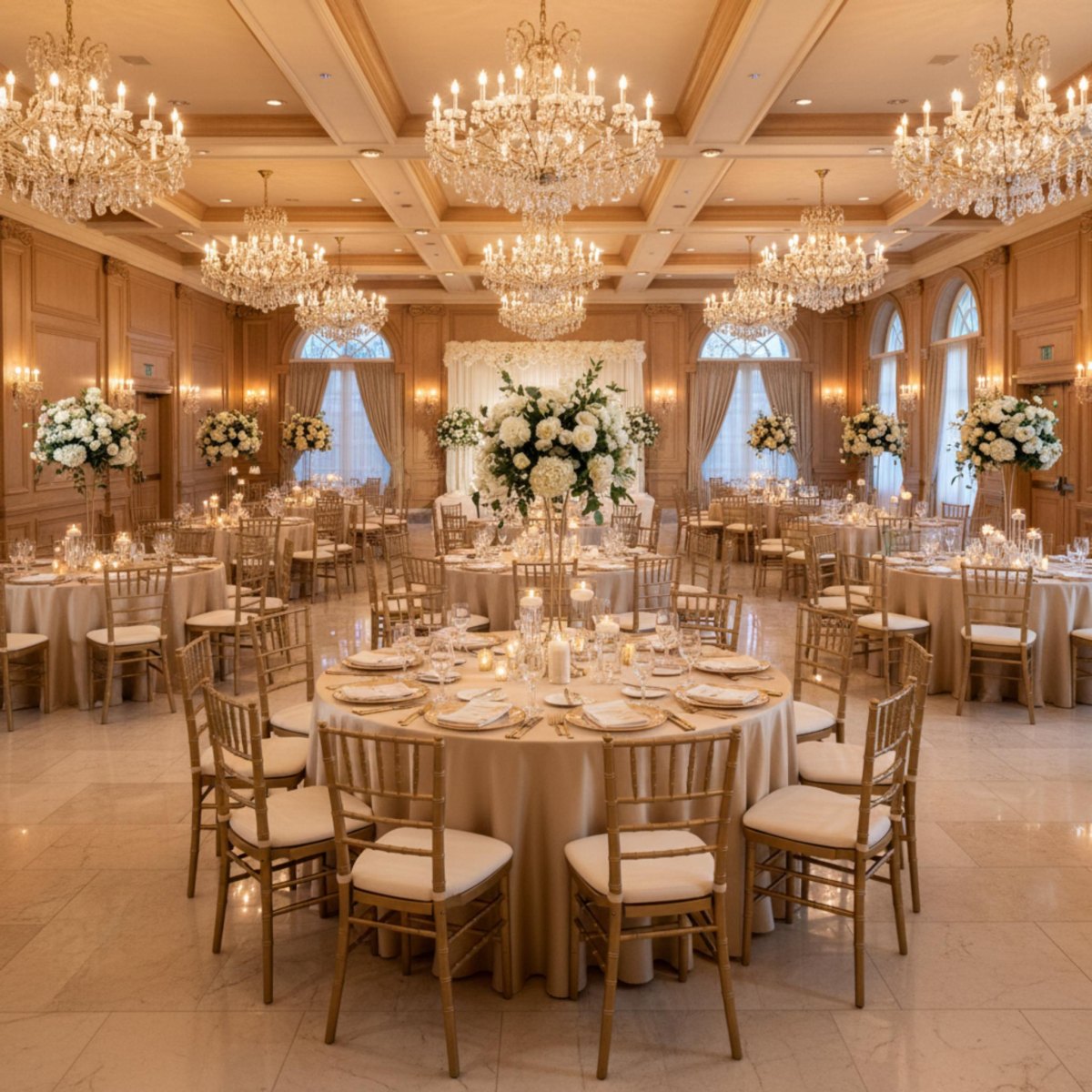 champagne gold wedding reception decor