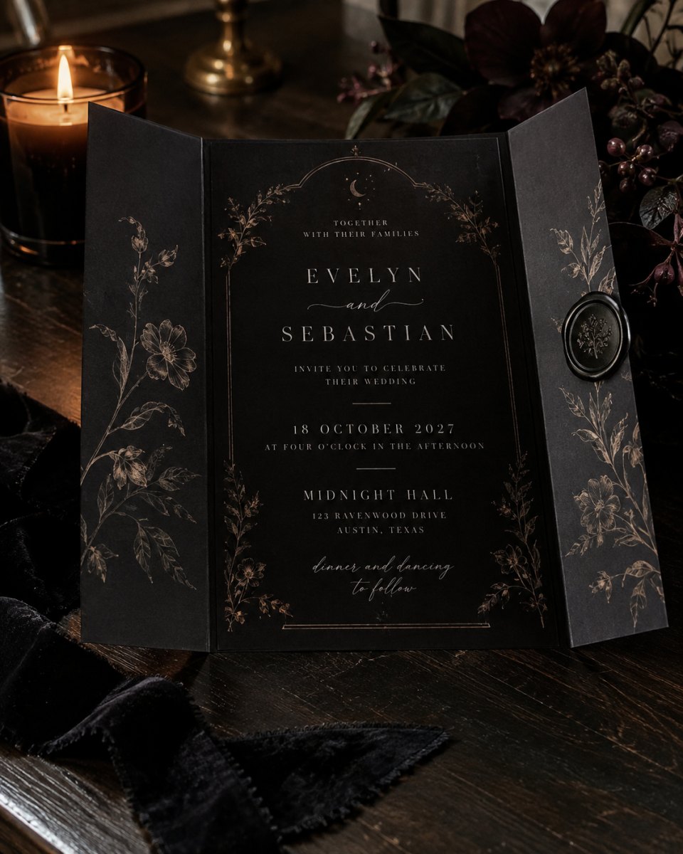 Black cinematic gatefold wedding invitation