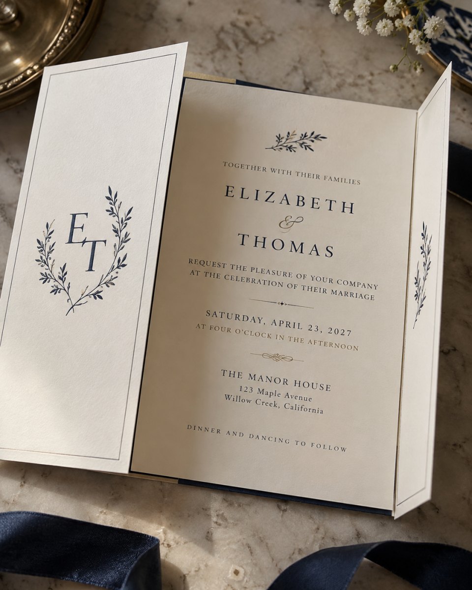 Classic monogram gatefold wedding invitation