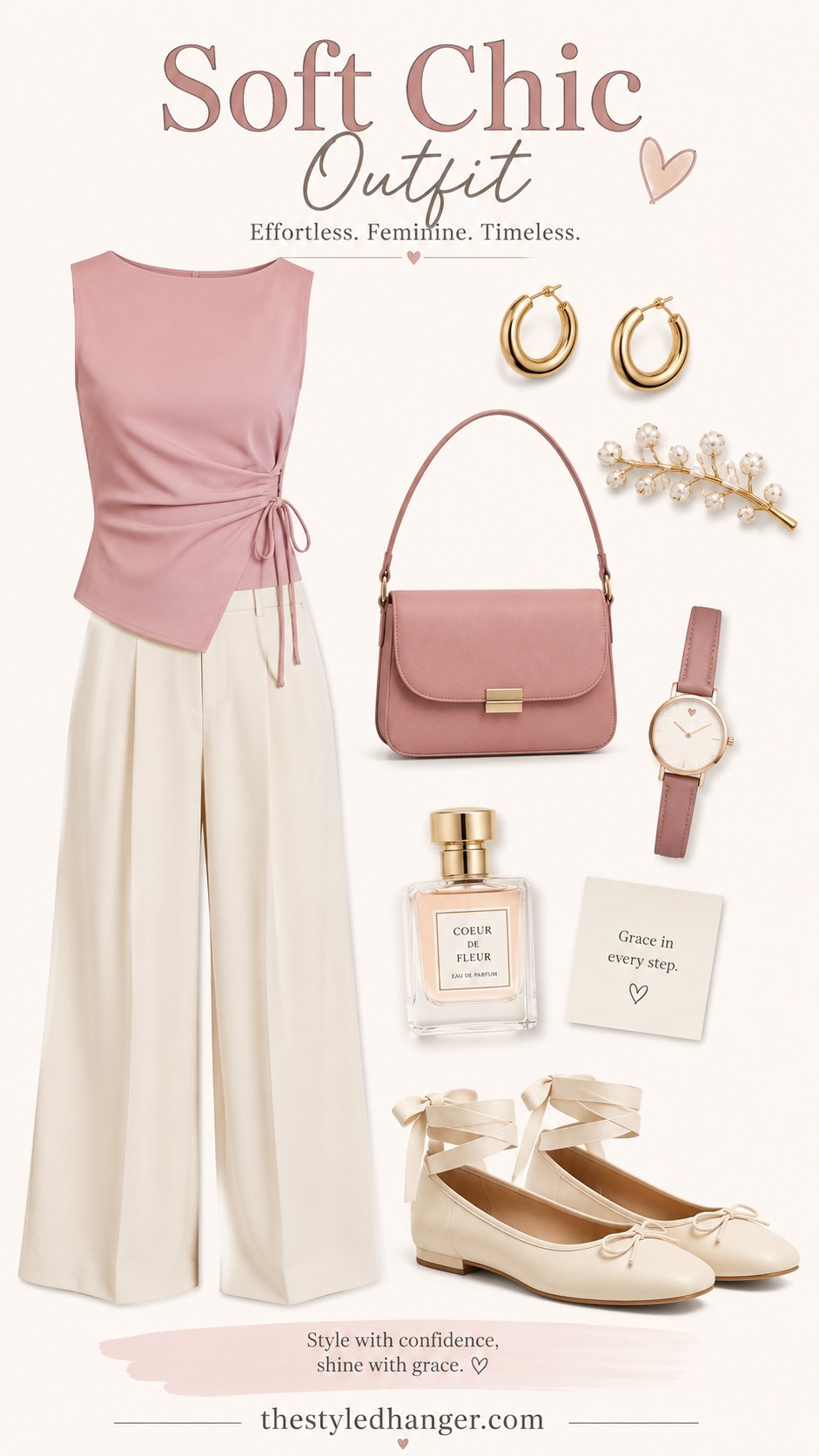 Soft chic clean girl outfit with a dusty rose ruched top and cream wide-leg trousers