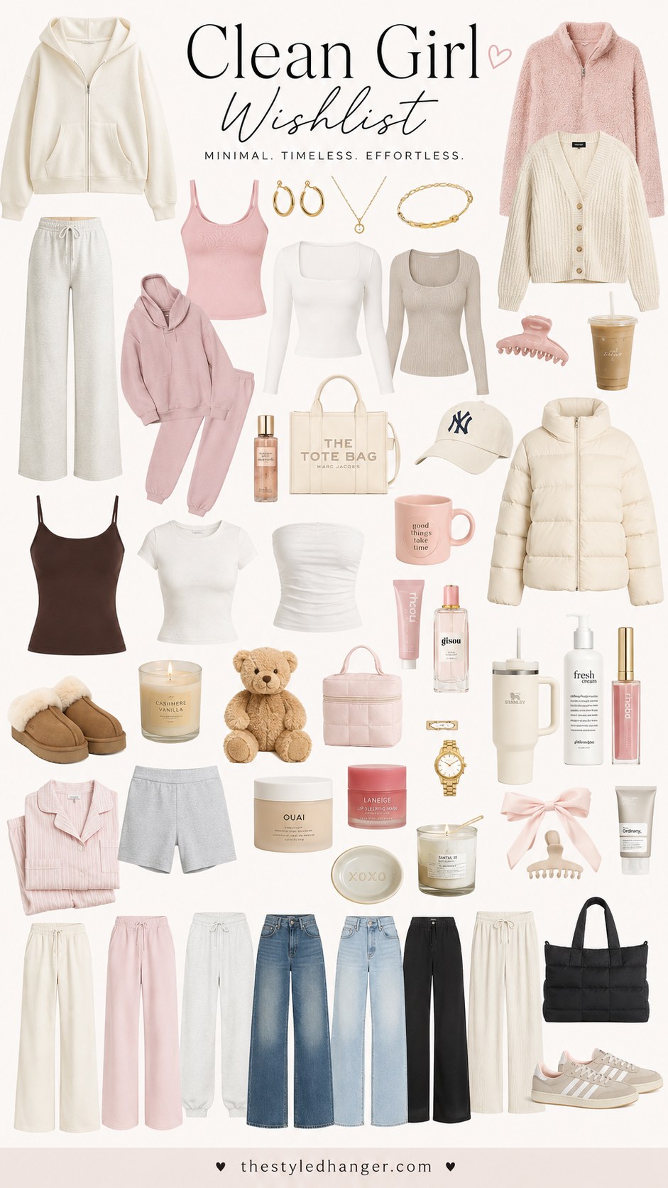 Clean girl outfit wishlist collage with neutral wardrobe basics, accessories, and everyday essentials