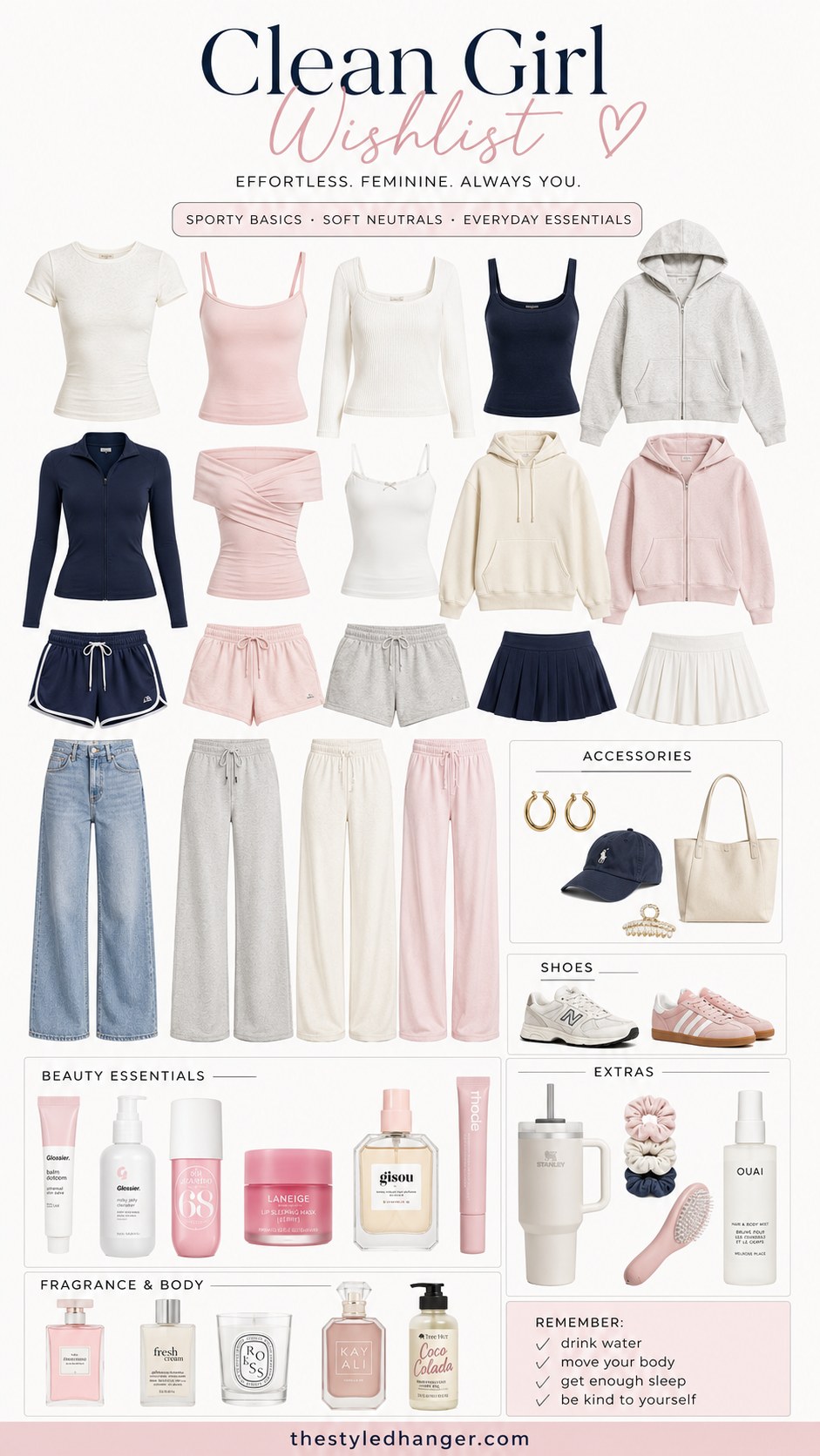Clean girl outfit ideas collage with sporty basics like tennis skirts, joggers, and neutral sneakers