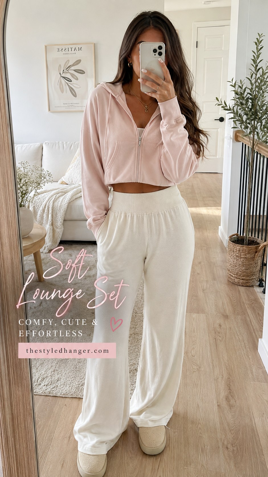 Soft lounge set clean girl outfit with a cropped pink zip hoodie and cream wide-leg sweatpants