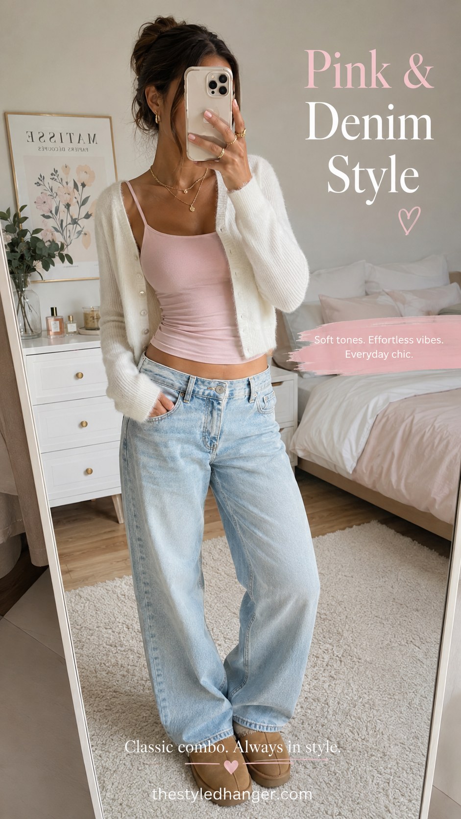 Pink and denim clean girl outfit with a blush cami, cream cardigan, and wide-leg jeans
