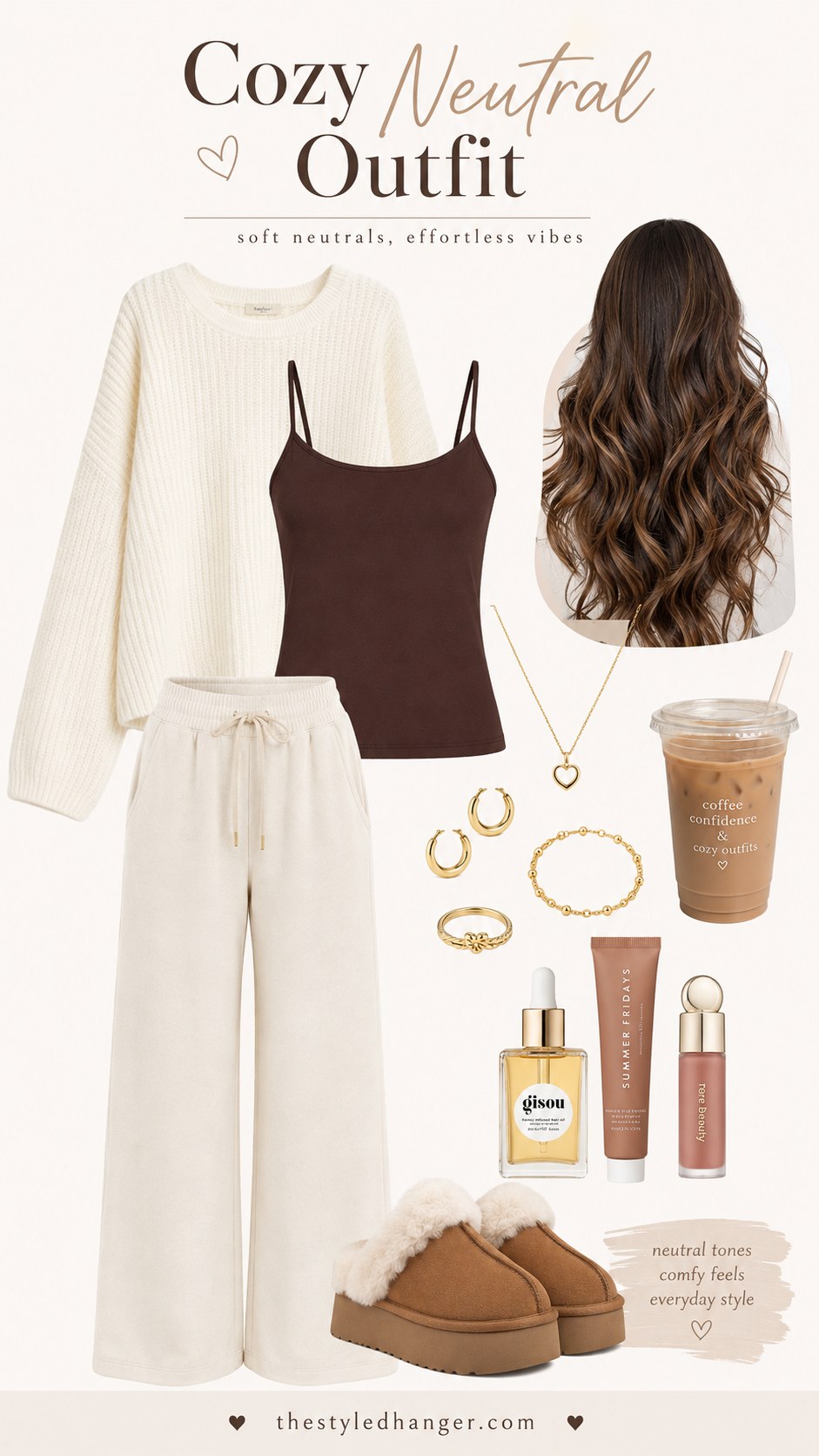 Cozy neutral clean girl outfit featuring a cream sweater, brown cami, and cream wide-leg pants