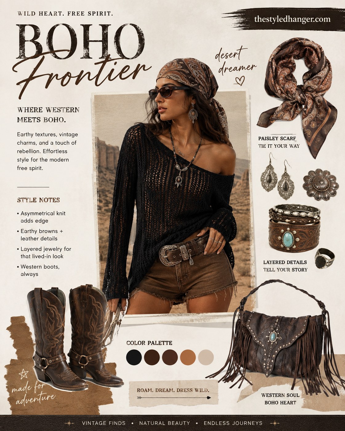 Western-inspired Coachella outfit idea pairing a paisley scarf with cowboy boots and fringe bag
