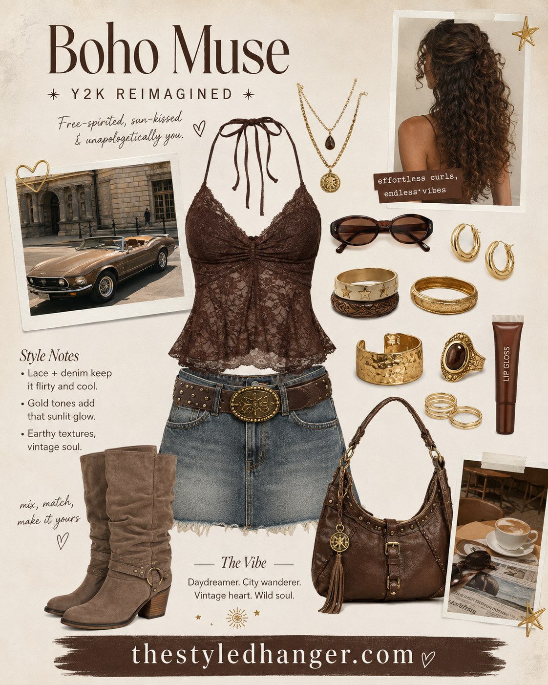 Y2K Coachella outfit idea with a lace bralette, denim mini skirt, and layered gold jewelry