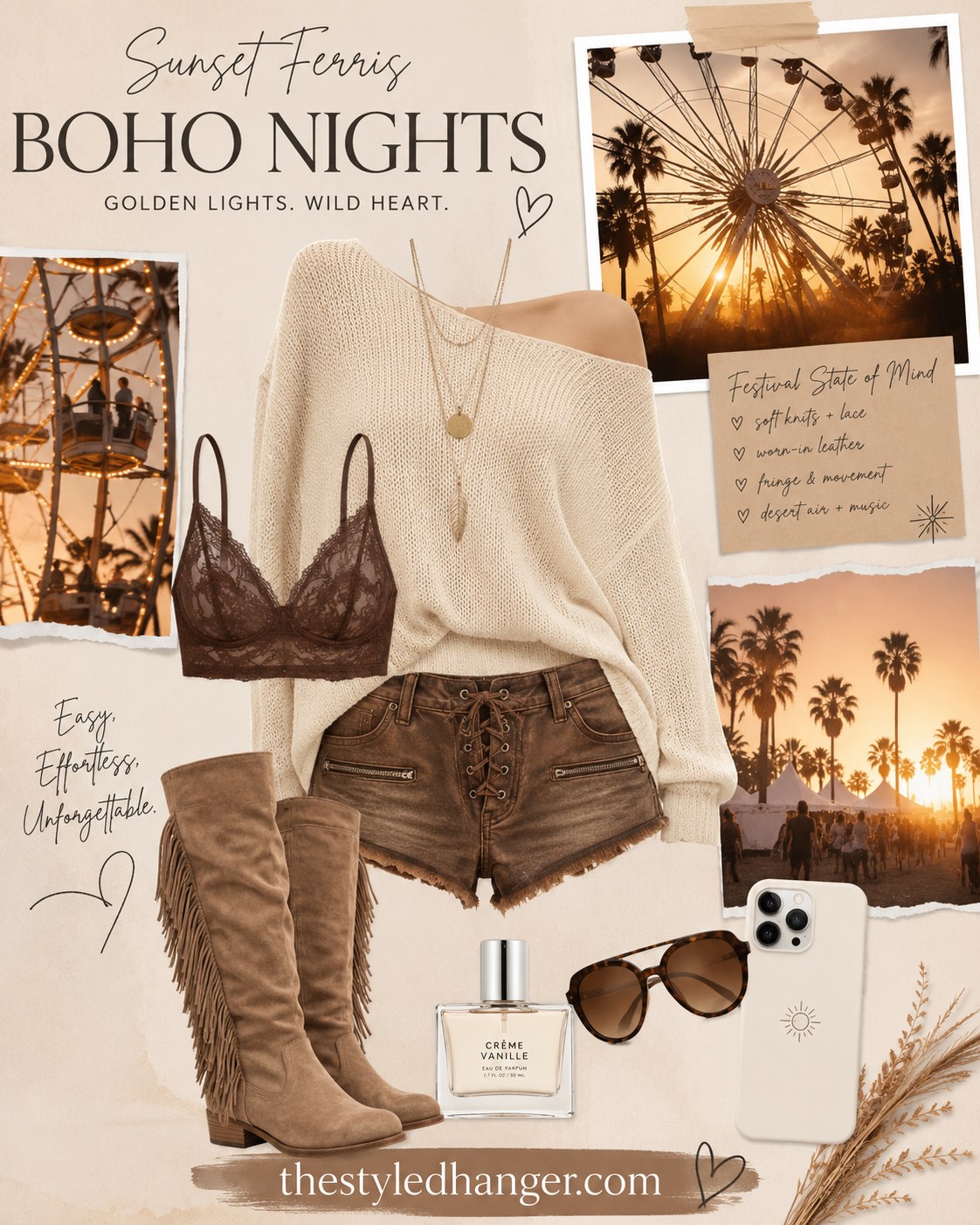 Layered Coachella outfit idea with an oversized knit sweater, lace bralette, and fringe boots
