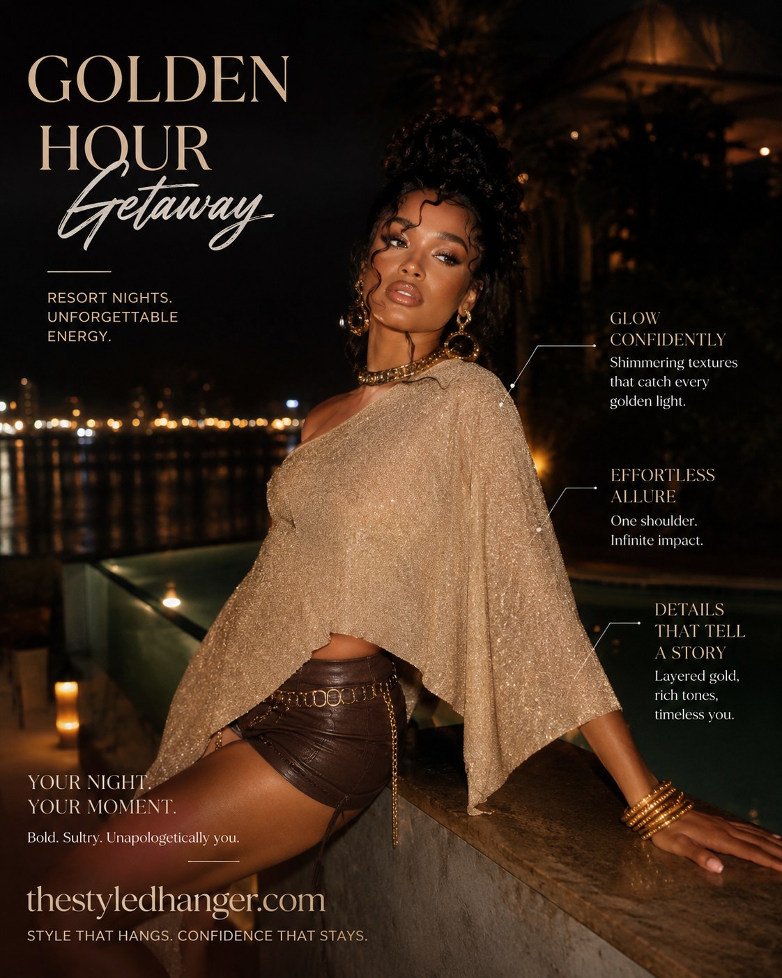 Golden hour Coachella outfit idea featuring a shimmer one-shoulder top and leather shorts
