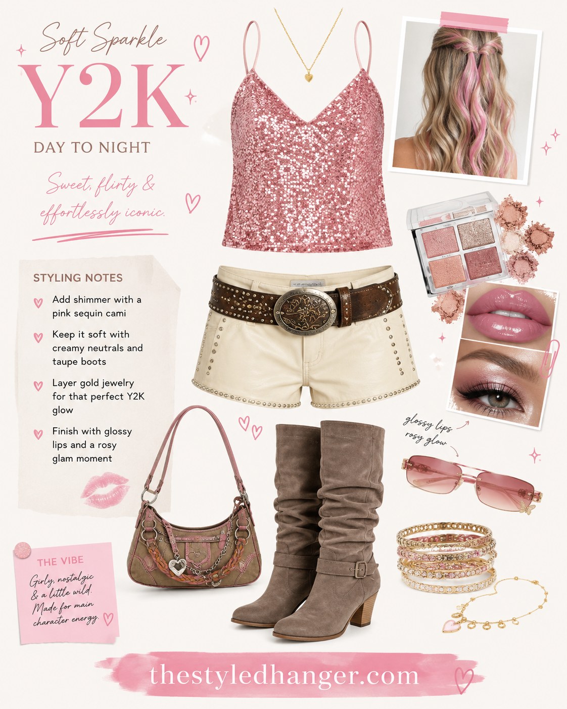 Pink Y2K Coachella outfit idea with a sequin cami, studded shorts, and tall boots