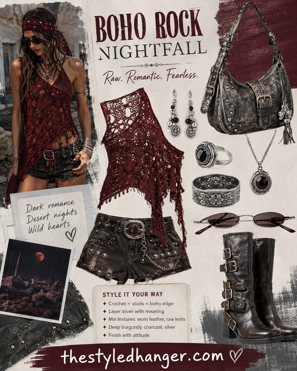 Boho rock Coachella outfit idea mixing a crochet tank with studded shorts and buckled boots