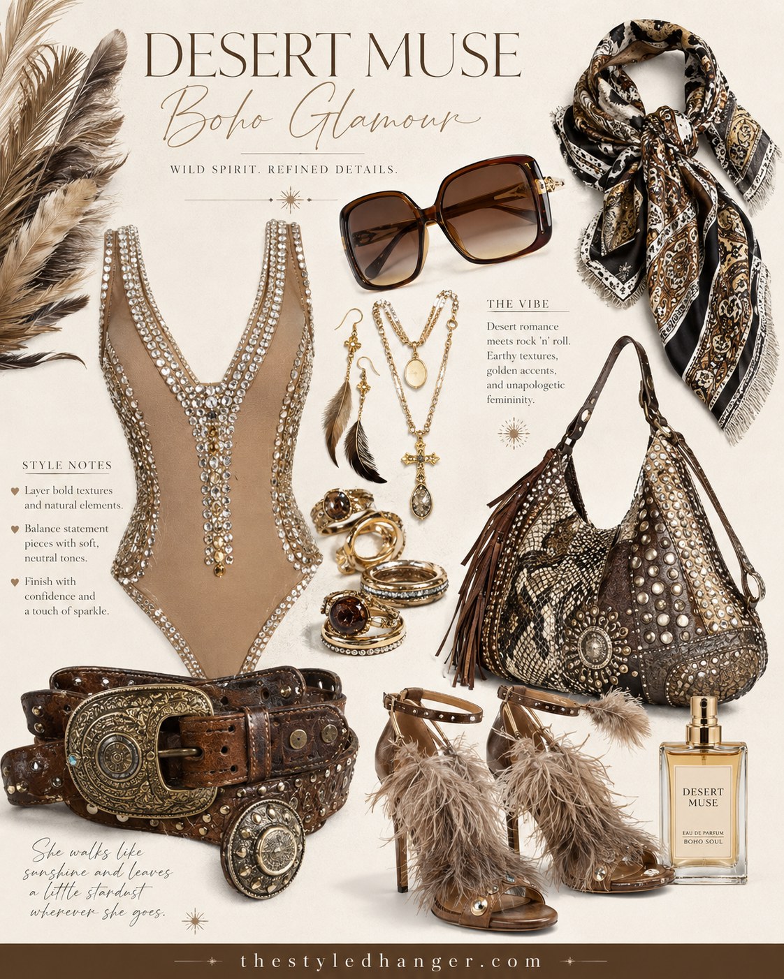Glamorous Coachella outfit idea with an embellished bodysuit, fringe belt, and feathered heels