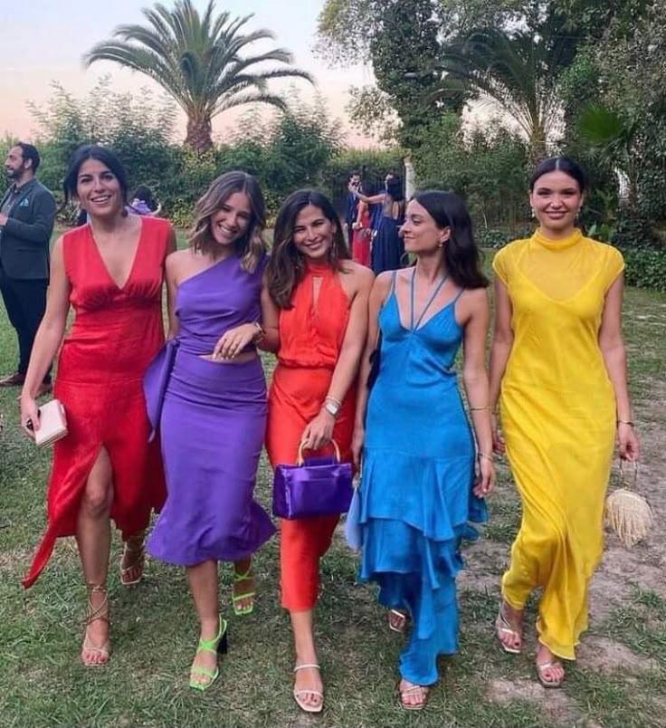 Colorful wedding guest dress outfit