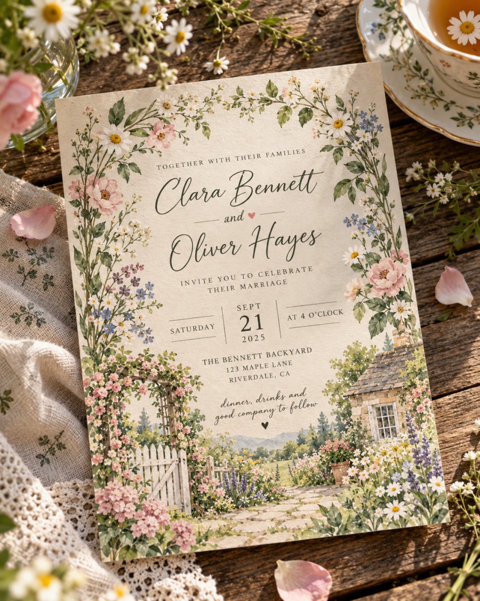 Cottage style wedding invitation card