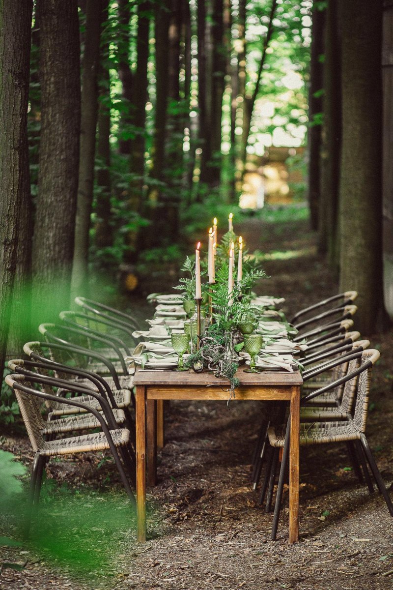 Cozy forest wedding reception table setup