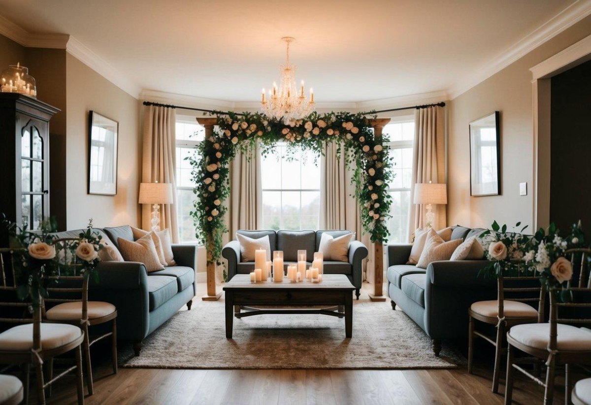 Cozy living room wedding ceremony setup