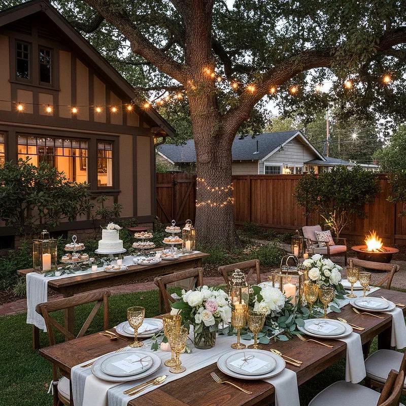 Backyard reception with glowing string lights