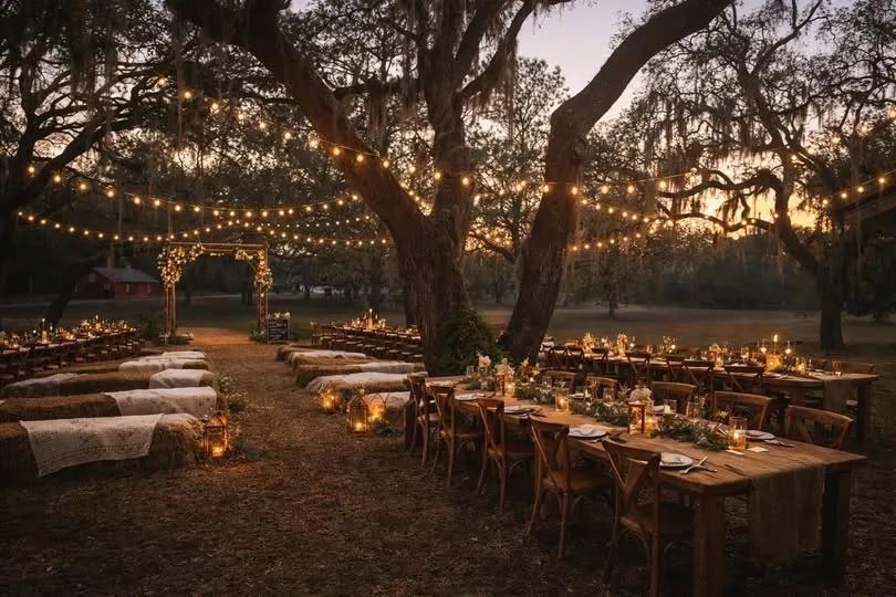String lights at rustic wedding