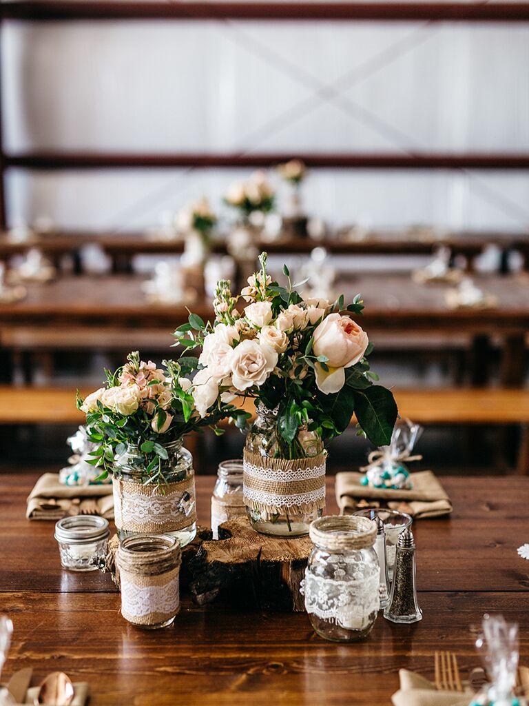 Handmade wedding decorations on tables