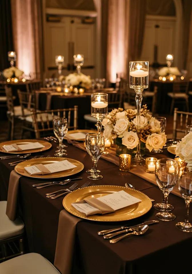 Espresso brown gold wedding decor