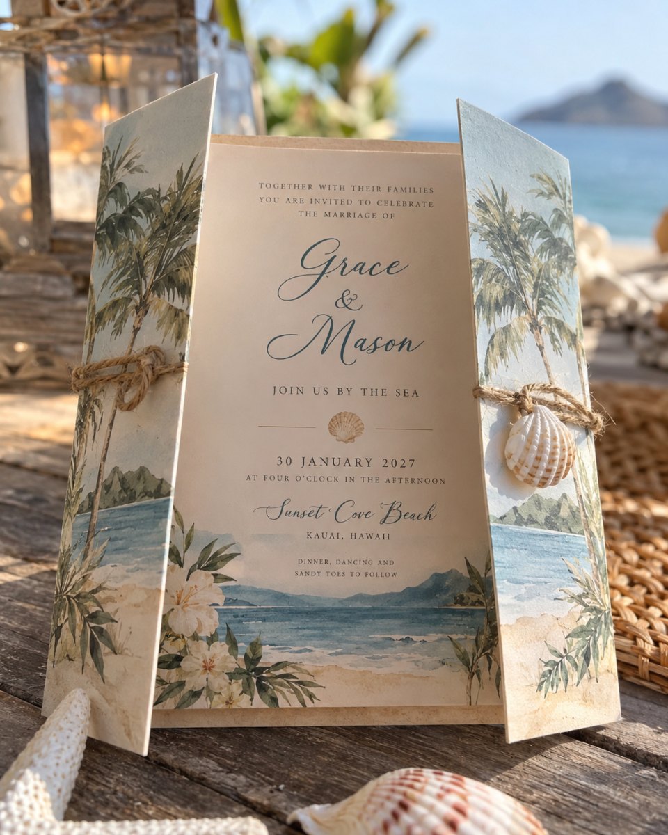 Beach destination gatefold wedding card